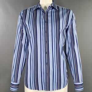 BUGATCHI UOMO Size XL Blue Navy Stripe Cotton Spread Collar Long Sleeve Shirt